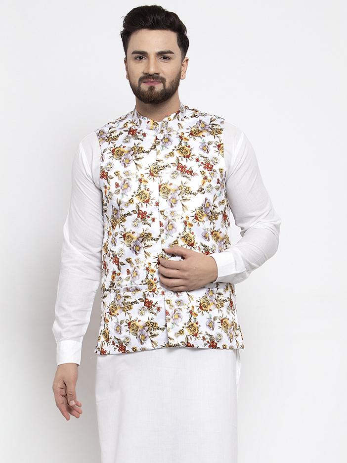 Jompers Men White Printed Satin Nehru Jacket | Swadesiicart