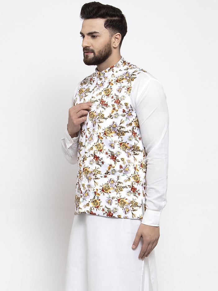 Jompers Men White Printed Satin Nehru Jacket | Swadesiicart