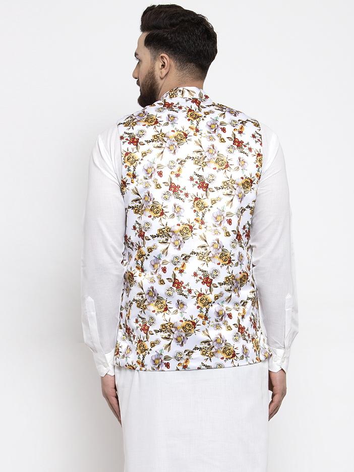 Jompers Men White Printed Satin Nehru Jacket | Swadesiicart