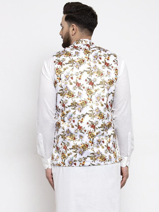 Jompers Men White Printed Satin Nehru Jacket | Swadesiicart