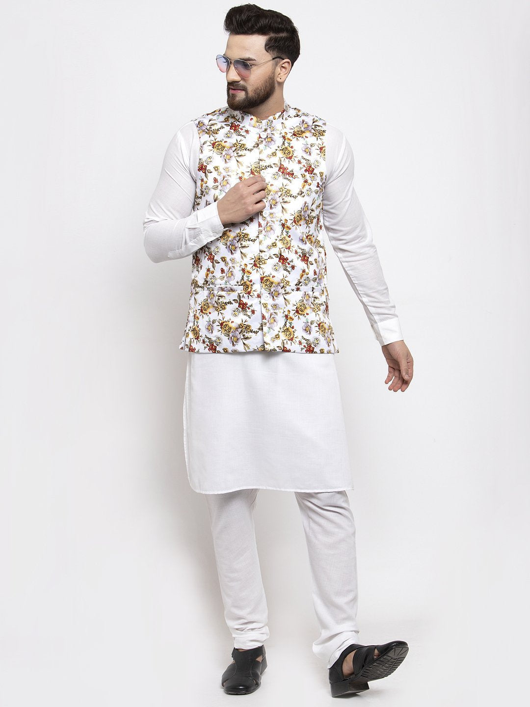 Jompers Men White Printed Satin Nehru Jacket | Swadesiicart