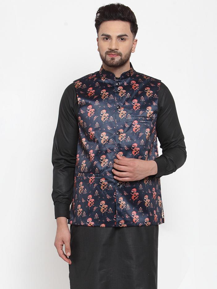 Jompers Men Navy-Blue Printed Satin Nehru Jacket | Swadesiicart