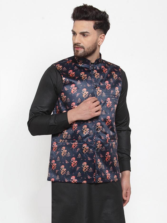 Jompers Men Navy-Blue Printed Satin Nehru Jacket | Swadesiicart