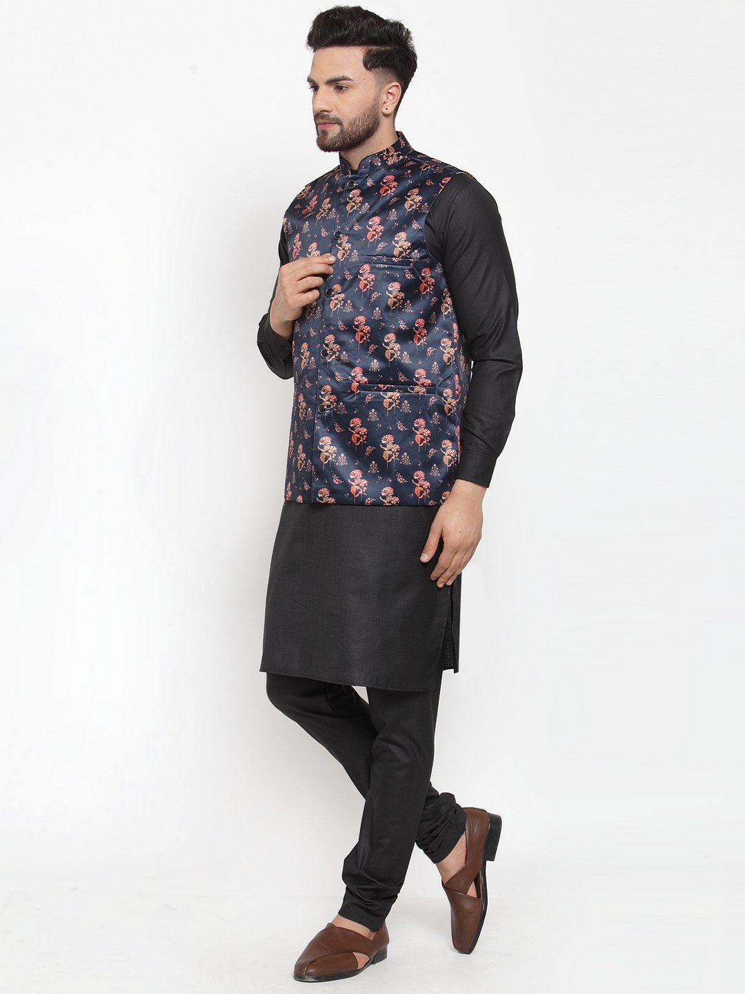 Jompers Men Navy-Blue Printed Satin Nehru Jacket | Swadesiicart