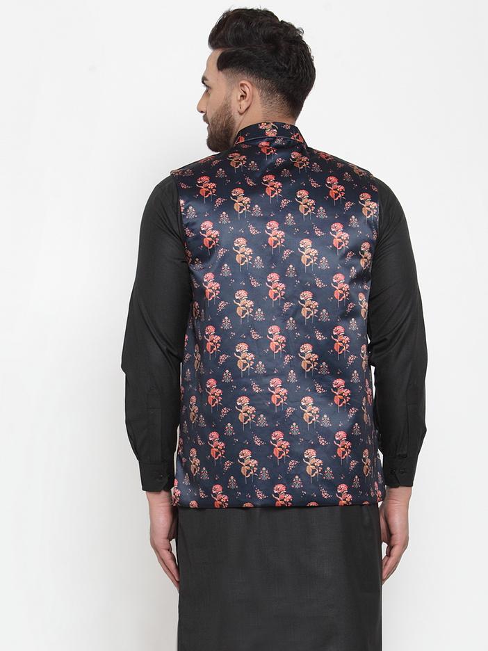 Jompers Men Navy-Blue Printed Satin Nehru Jacket | Swadesiicart