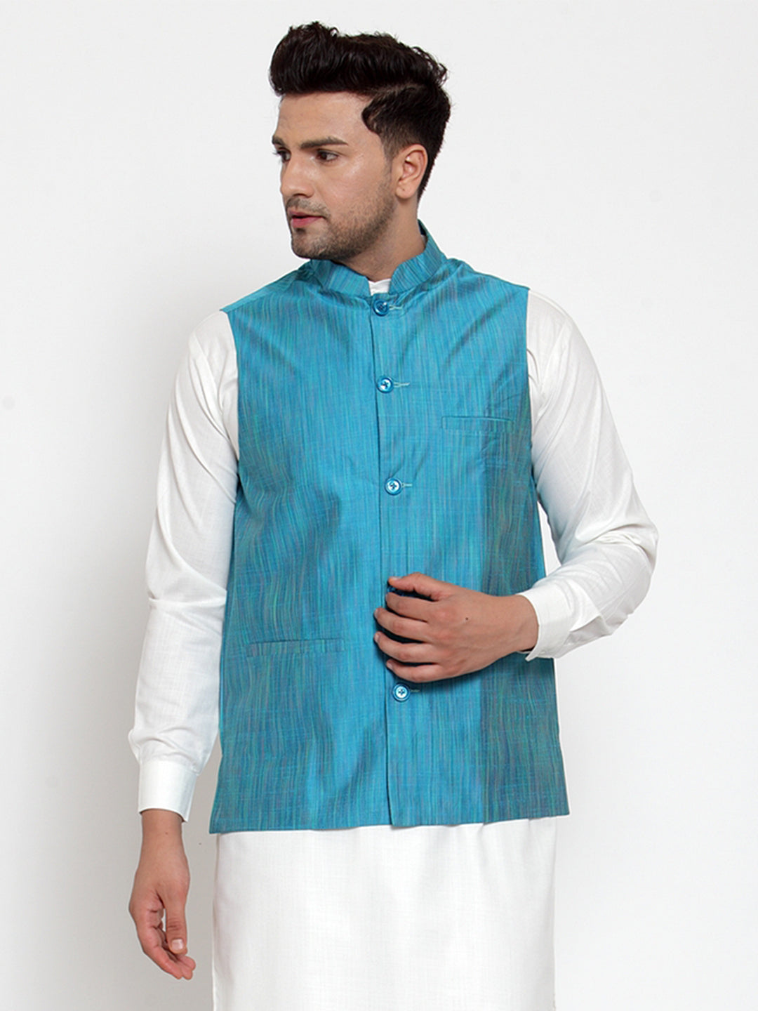 Jompers Men's Blue Woven Design Nehru Jacket | Swadesiicart