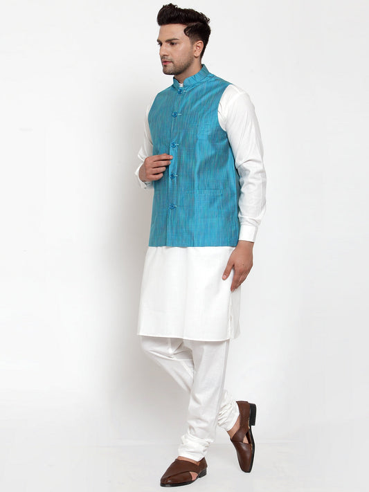 Jompers Men's Blue Woven Design Nehru Jacket | Swadesiicart