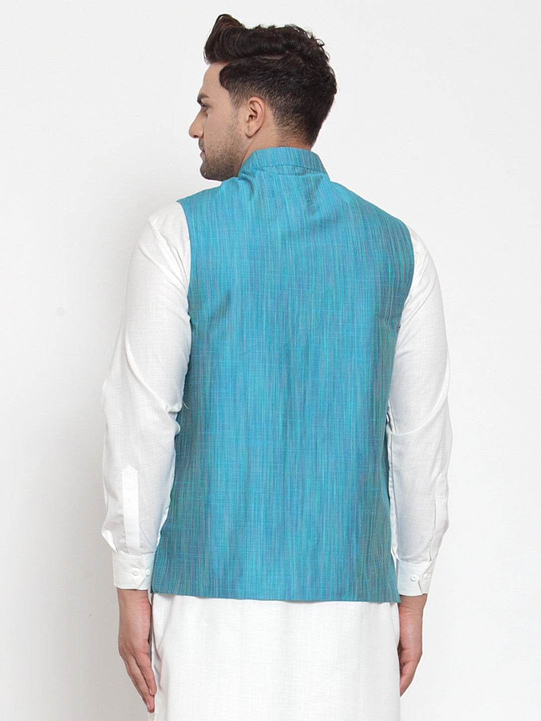 Jompers Men's Blue Woven Design Nehru Jacket | Swadesiicart