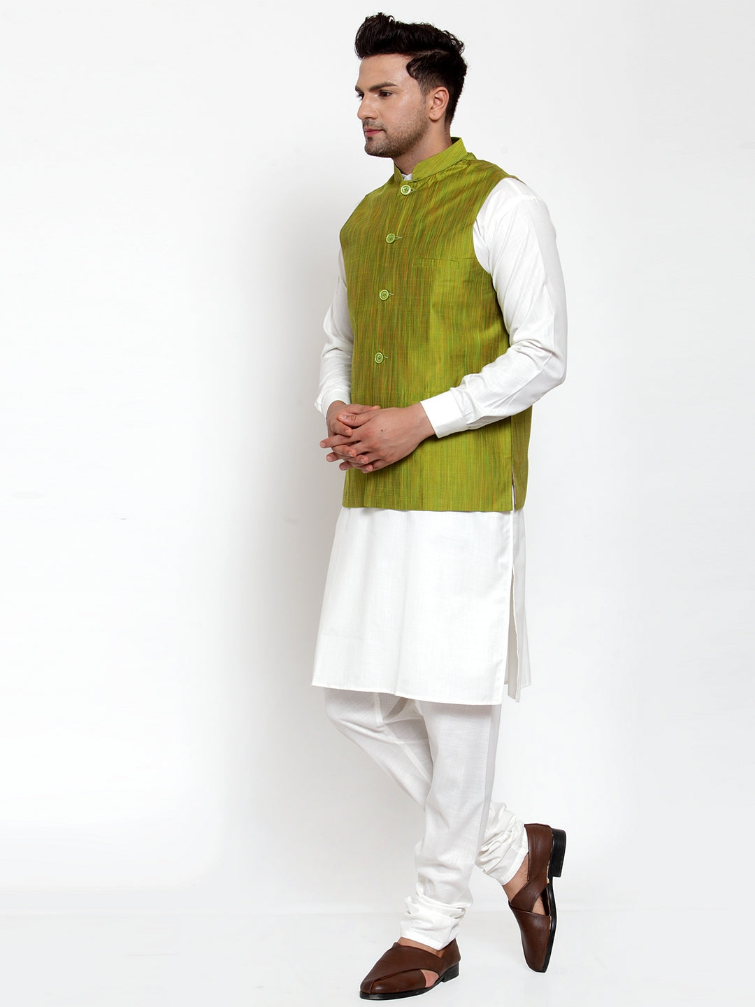 Jompers Men's Green Woven Design Nehru Jacket | Swadesiicart