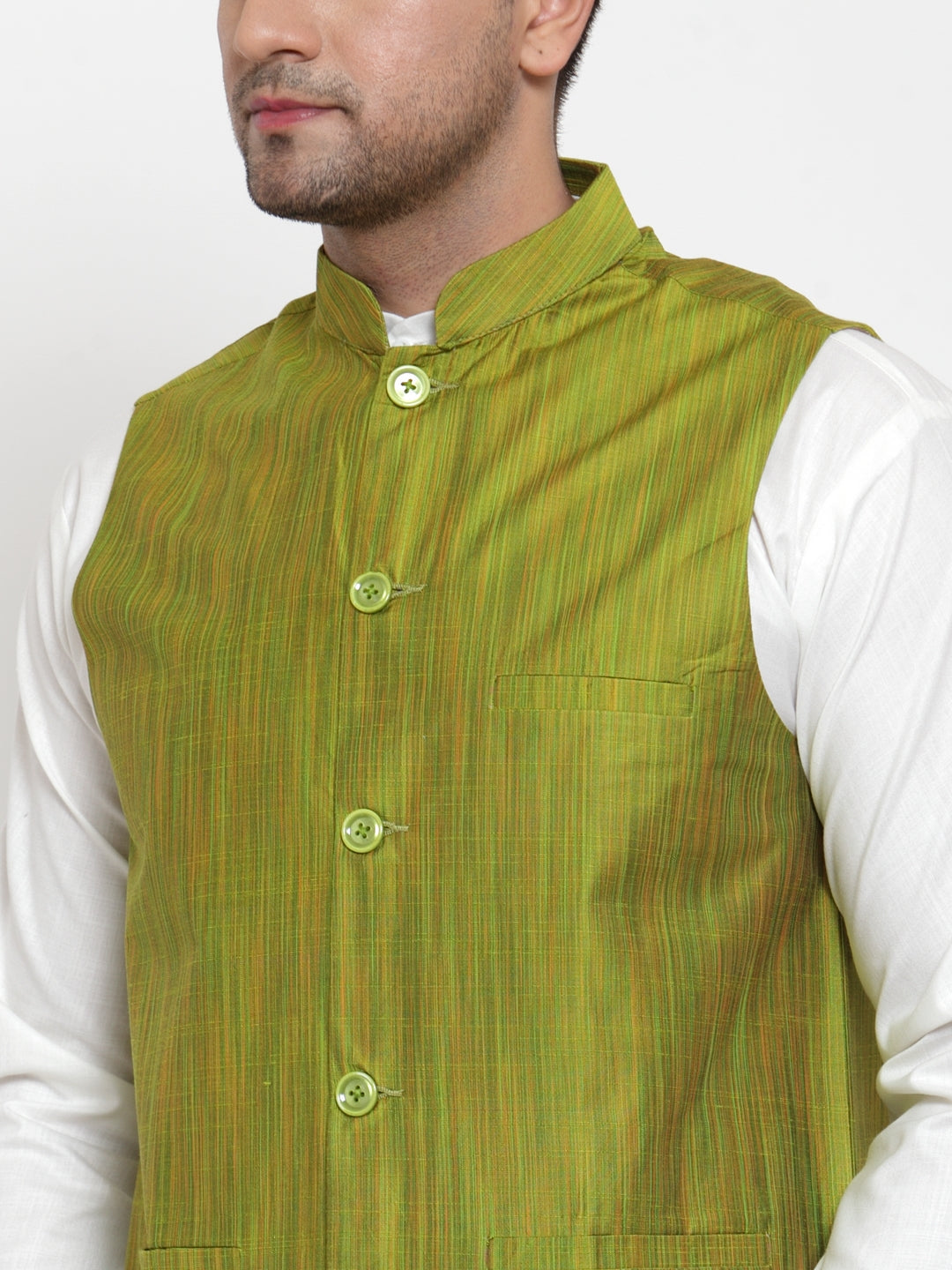 Jompers Men's Green Woven Design Nehru Jacket | Swadesiicart