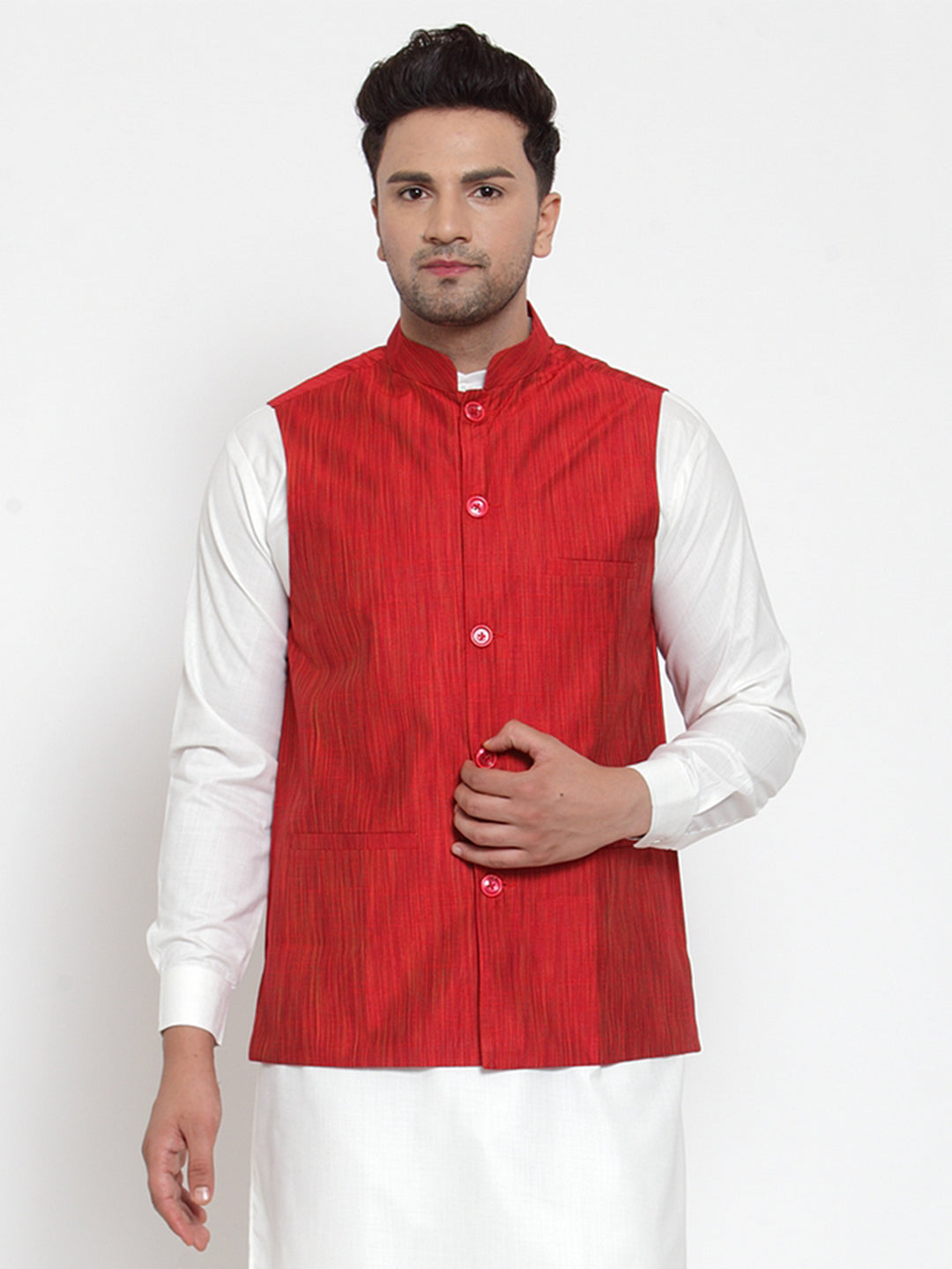 Jompers Men's Beautiful Red Woven Design Nehru Jacket | Swadesiicart