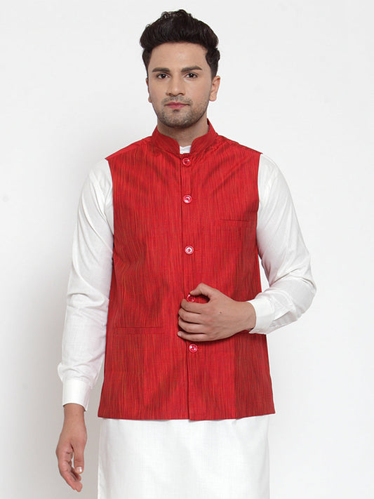 Jompers Men's Beautiful Red Woven Design Nehru Jacket | Swadesiicart