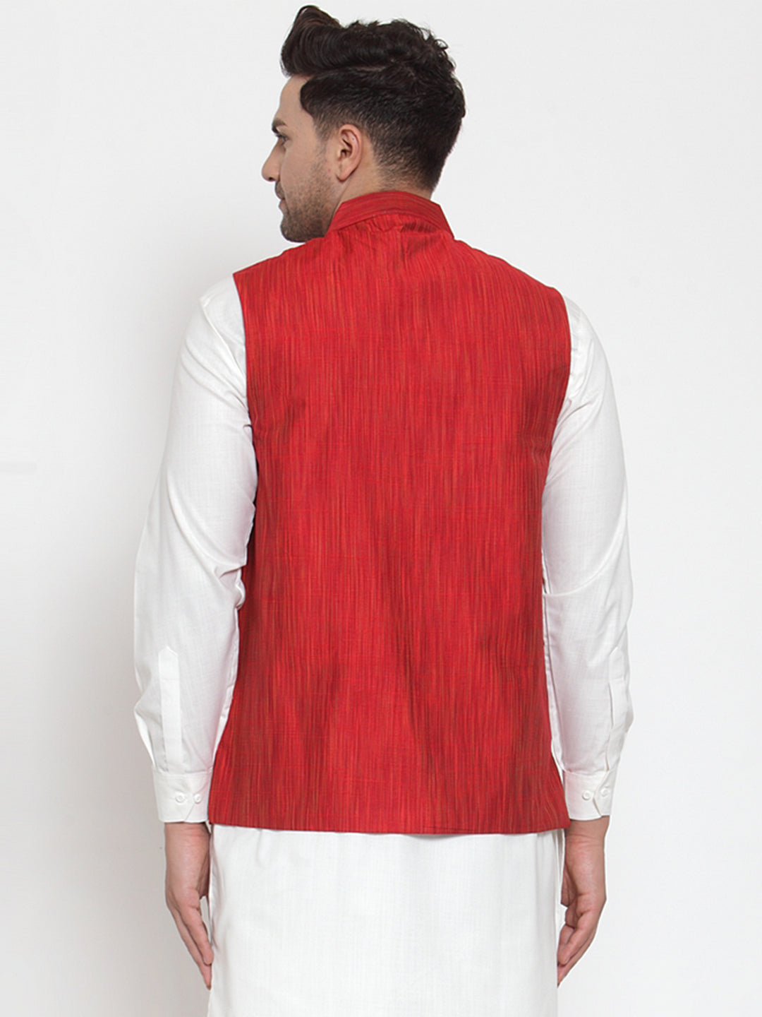Jompers Men's Beautiful Red Woven Design Nehru Jacket | Swadesiicart