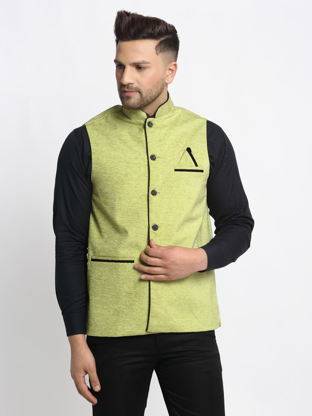 Jompers Men's Green Solid Nehru Jacket with Square Pocket | Swadesiicart