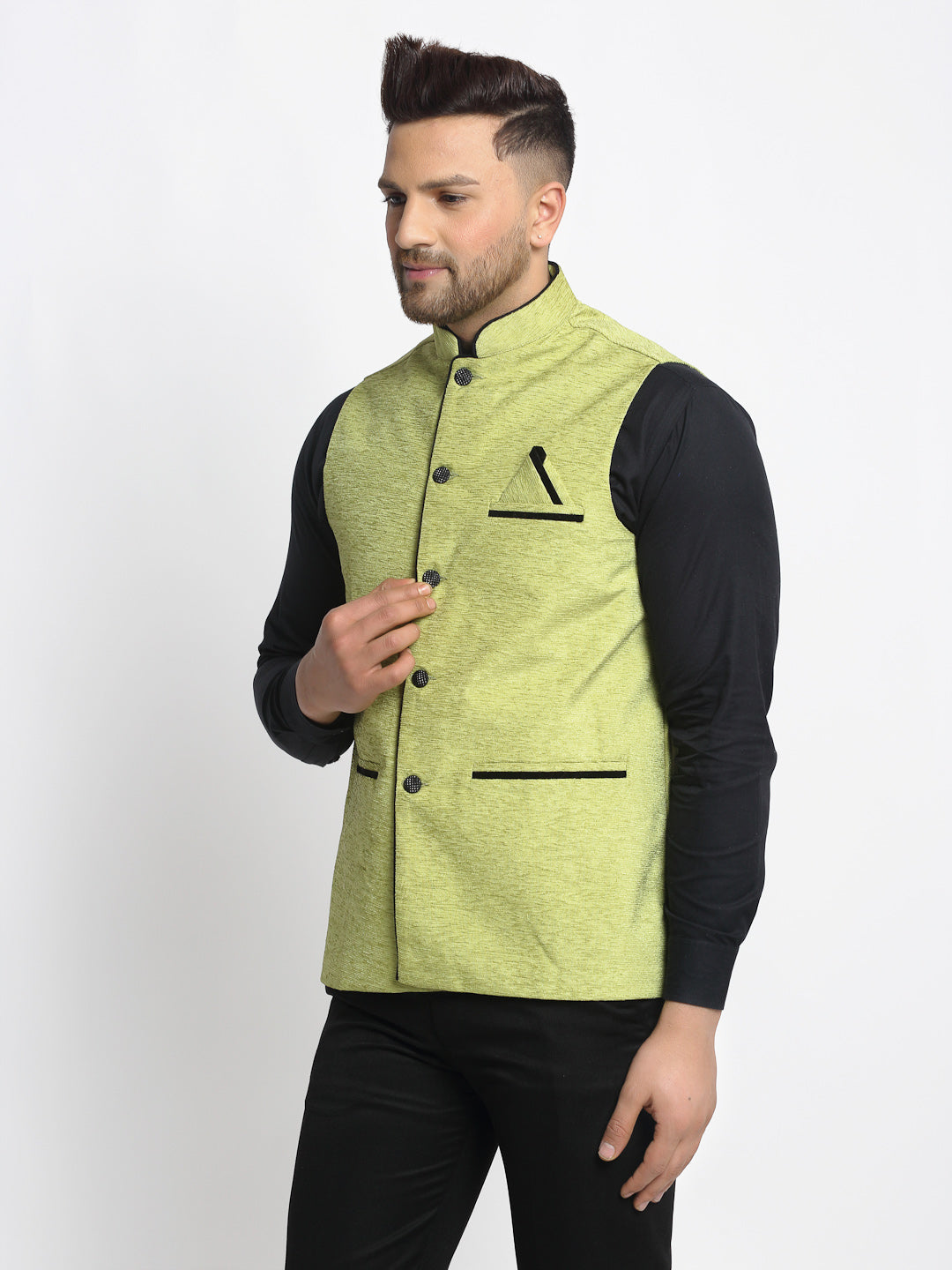 Jompers Men's Green Solid Nehru Jacket with Square Pocket | Swadesiicart