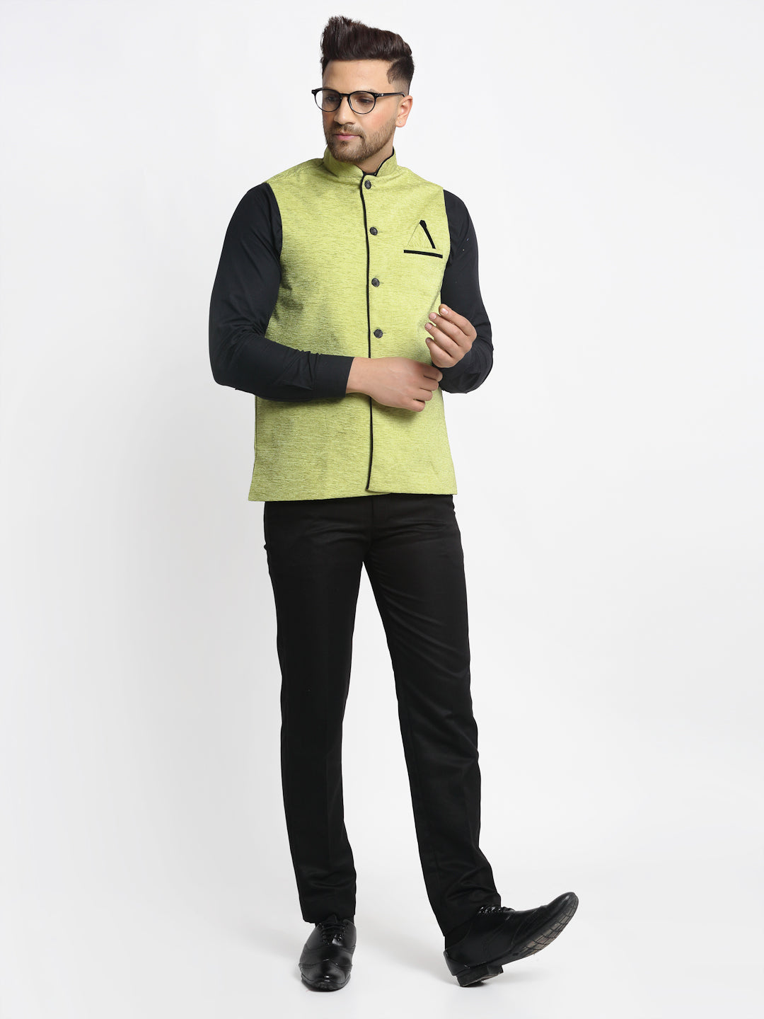 Jompers Men's Green Solid Nehru Jacket with Square Pocket | Swadesiicart