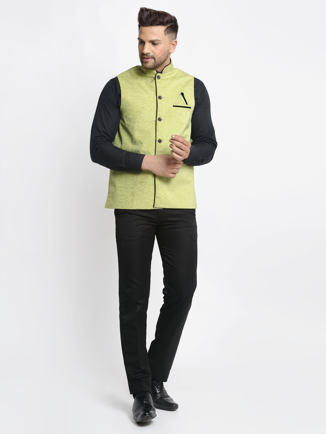 Jompers Men's Green Solid Nehru Jacket with Square Pocket | Swadesiicart