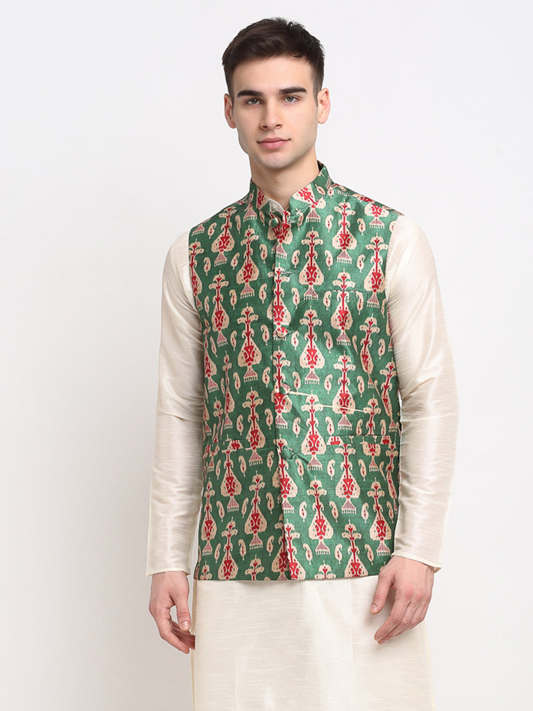 Jompers Men's Green Digital Printed Green Waistcoat | Swadesiicart