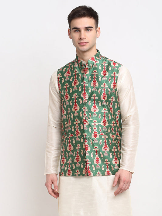 Jompers Men's Green Digital Printed Green Waistcoat | Swadesiicart