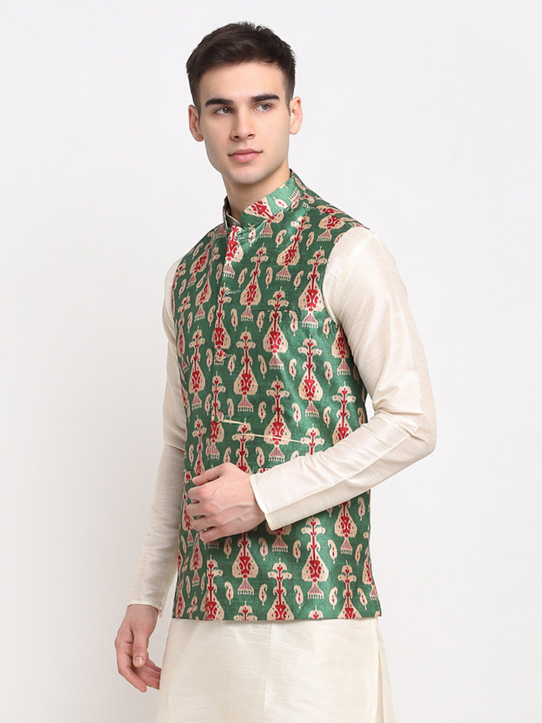 Jompers Men's Green Digital Printed Green Waistcoat | Swadesiicart