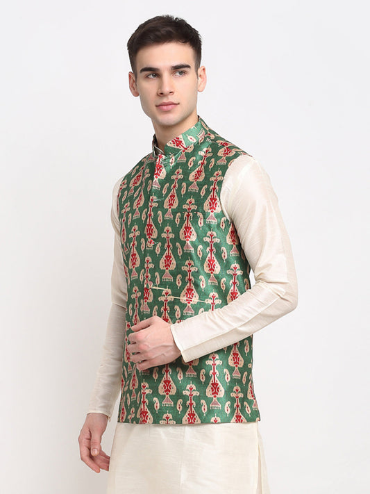 Jompers Men's Green Digital Printed Green Waistcoat | Swadesiicart