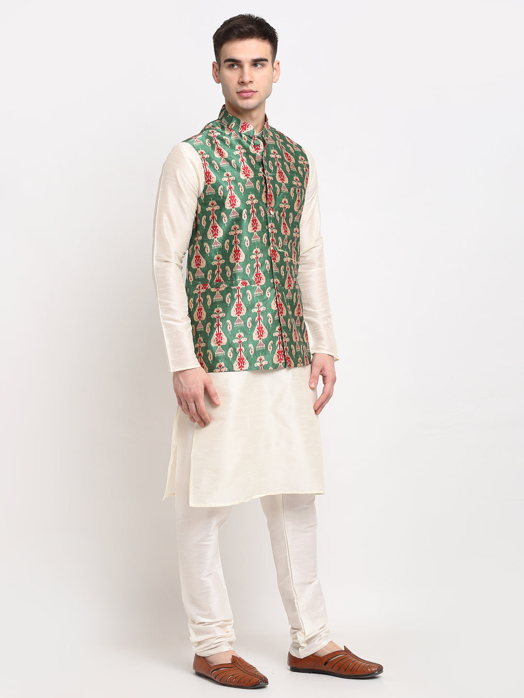 Jompers Men's Green Digital Printed Green Waistcoat | Swadesiicart