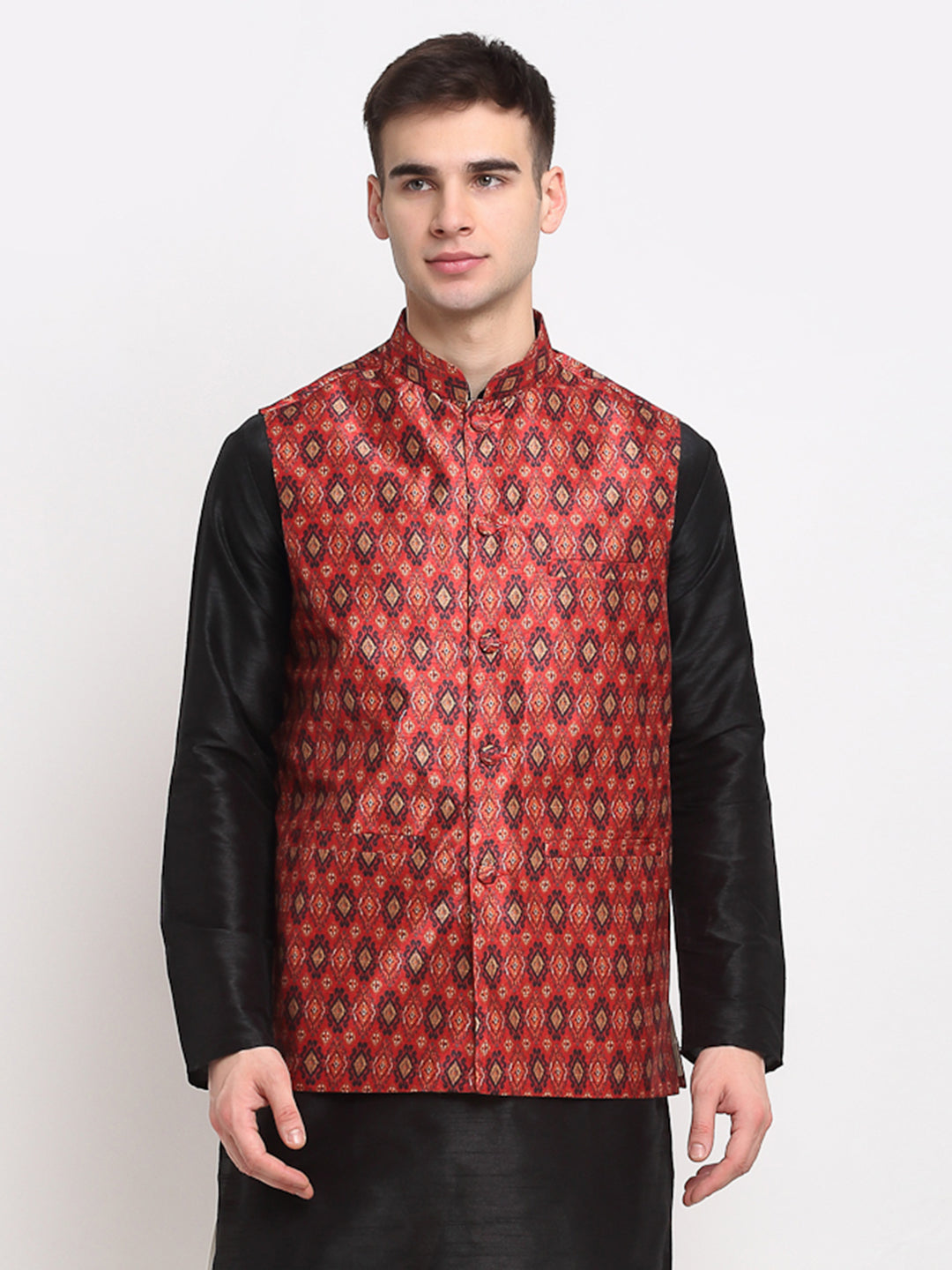 Jompers Men's Red Digital Printed Red Waistcoat | Swadesiicart