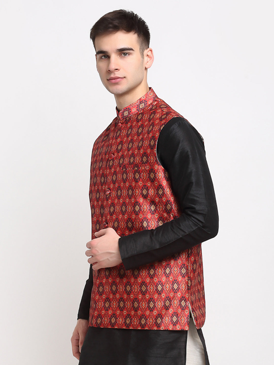 Jompers Men's Red Digital Printed Red Waistcoat | Swadesiicart