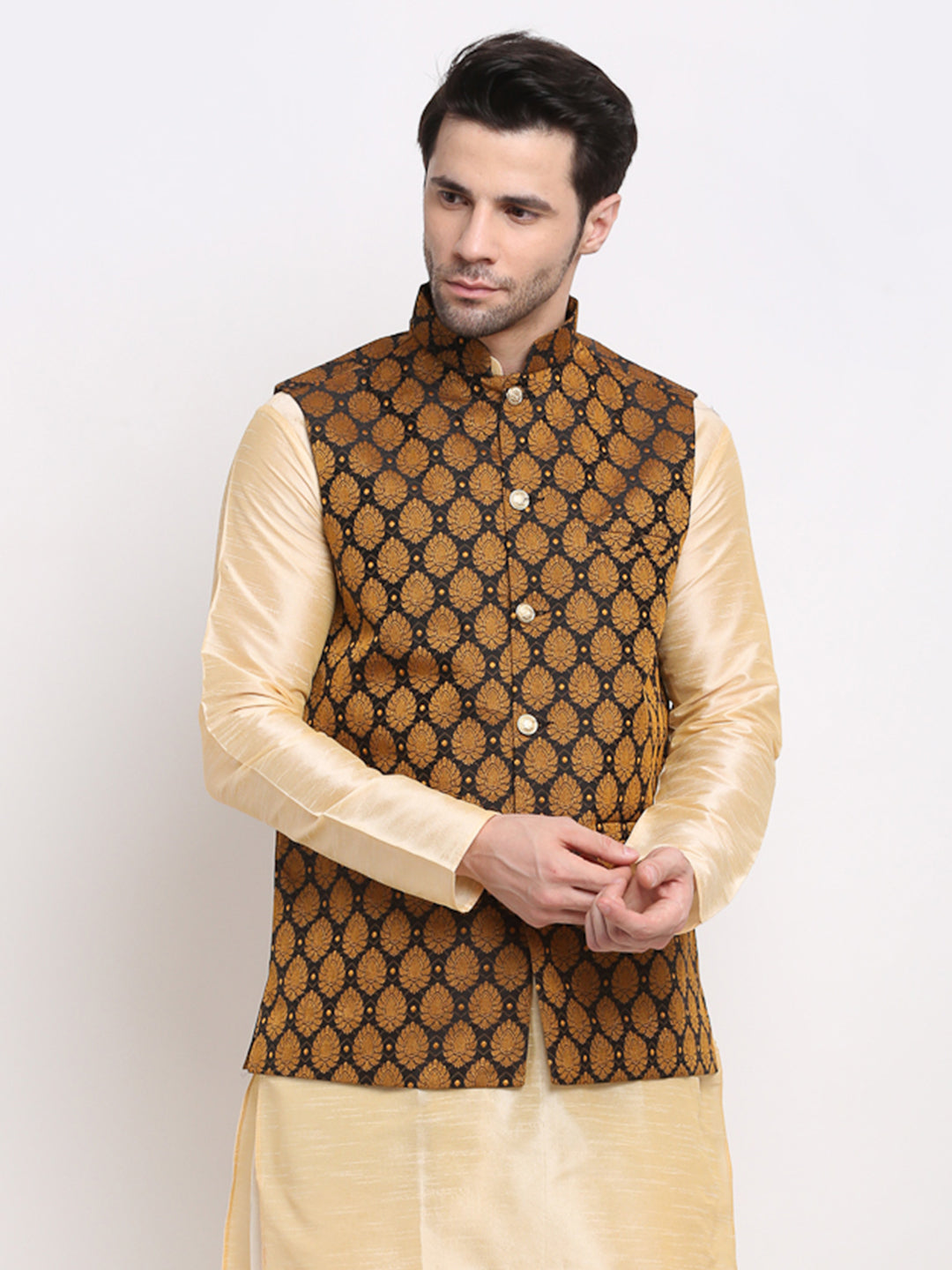 Jompers Men's Black Self-Designed Black Waistcoat | Swadesiicart
