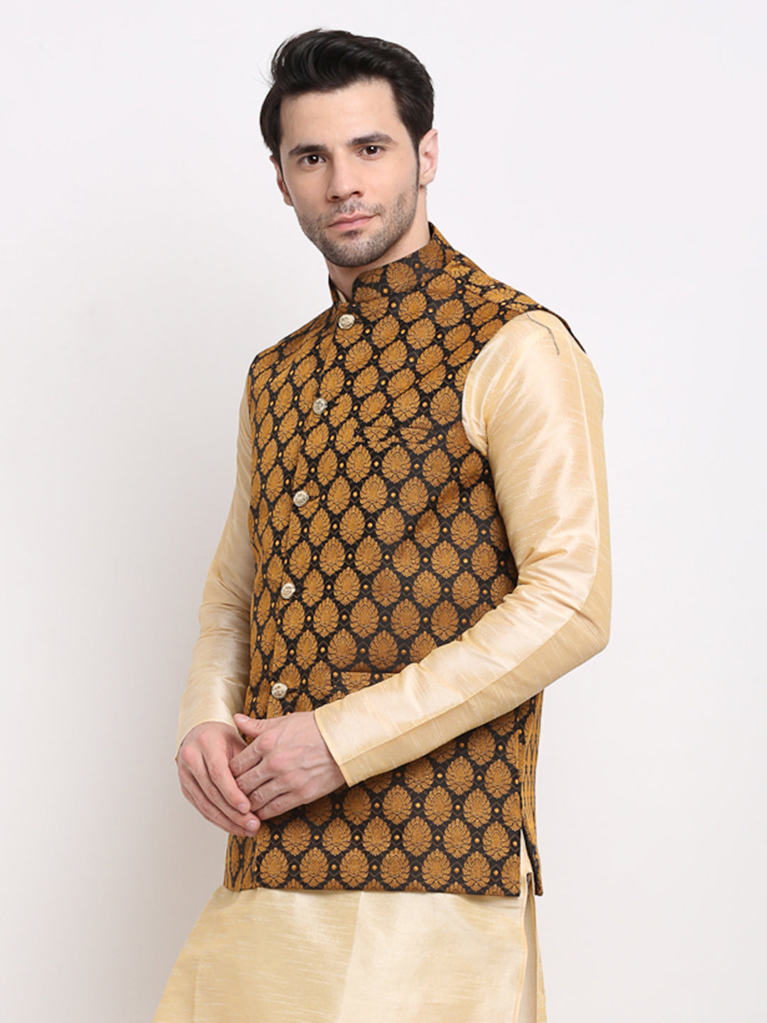 Jompers Men's Black Self-Designed Black Waistcoat | Swadesiicart