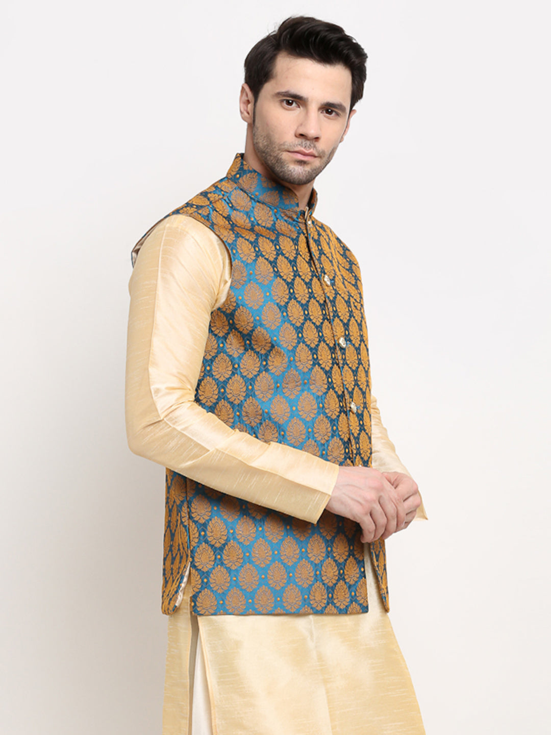 Jompers Men's Blue Self-Designed Blue Waistcoat | Swadesiicart