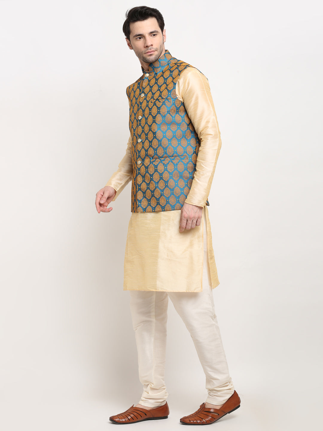 Jompers Men's Blue Self-Designed Blue Waistcoat | Swadesiicart