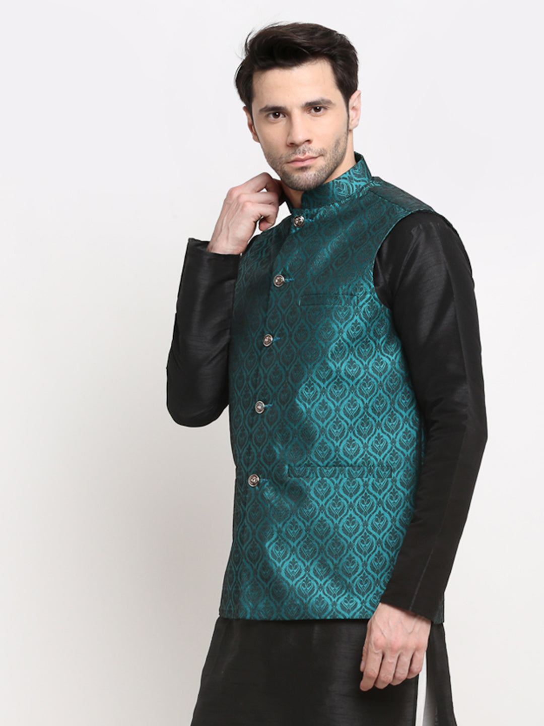 Jompers Men's Green Self-Designed Green Waistcoat | Swadesiicart