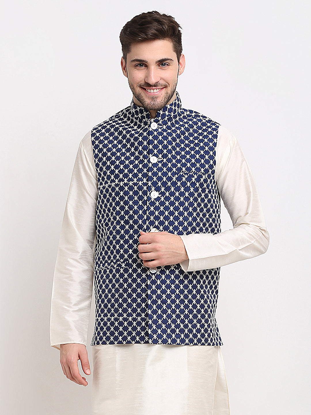 Jompers Men's Navy Blue Navy Blue and White Embroidered Nehru Jacket | Swadesiicart