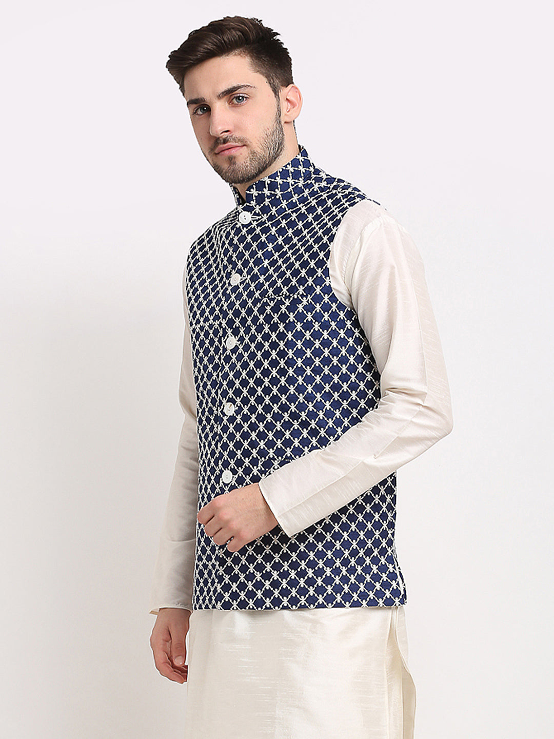 Jompers Men's Navy Blue Navy Blue and White Embroidered Nehru Jacket | Swadesiicart
