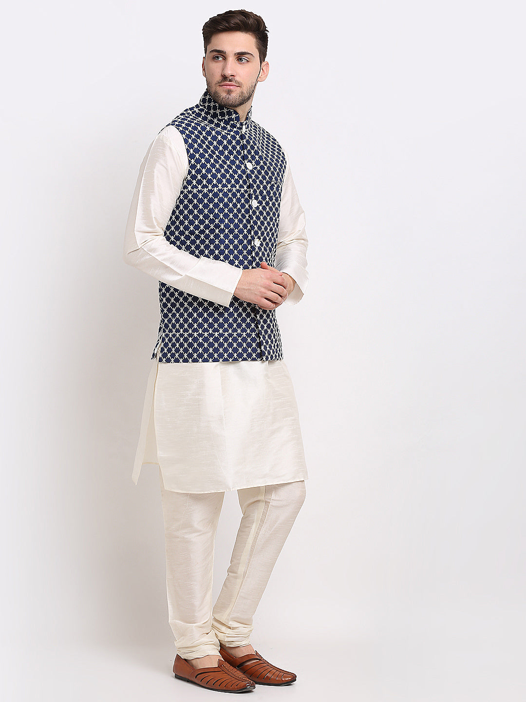 Jompers Men's Navy Blue Navy Blue and White Embroidered Nehru Jacket | Swadesiicart