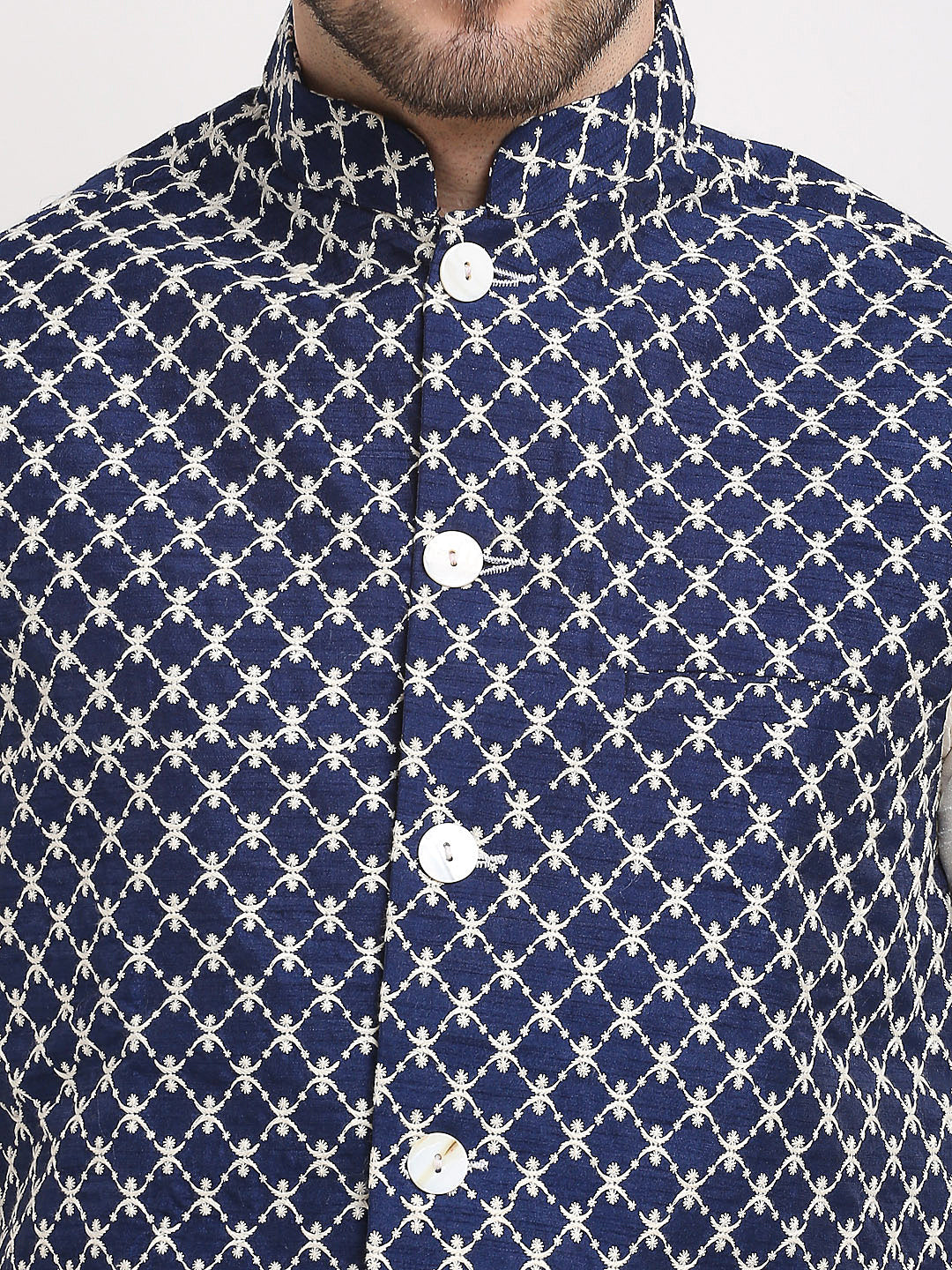 Jompers Men's Navy Blue Navy Blue and White Embroidered Nehru Jacket | Swadesiicart