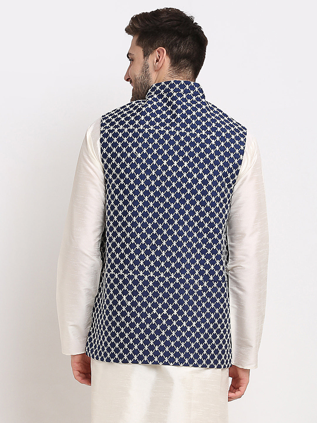 Jompers Men's Navy Blue Navy Blue and White Embroidered Nehru Jacket | Swadesiicart