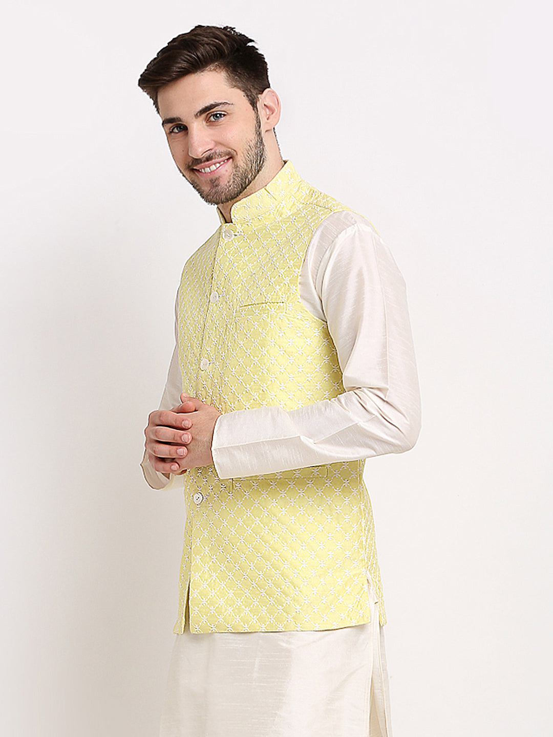 Jompers Men's Yellow Yellow and White Embroidered Nehru Jacket | Swadesiicart