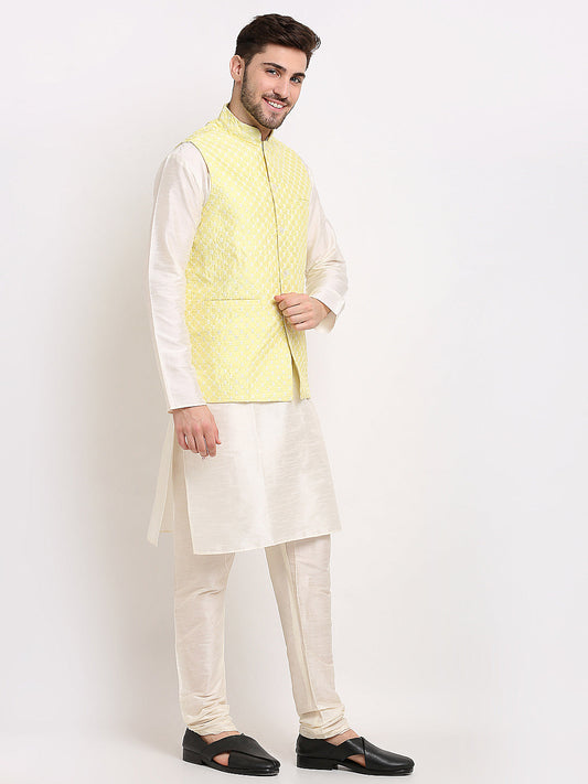 Jompers Men's Yellow Yellow and White Embroidered Nehru Jacket | Swadesiicart