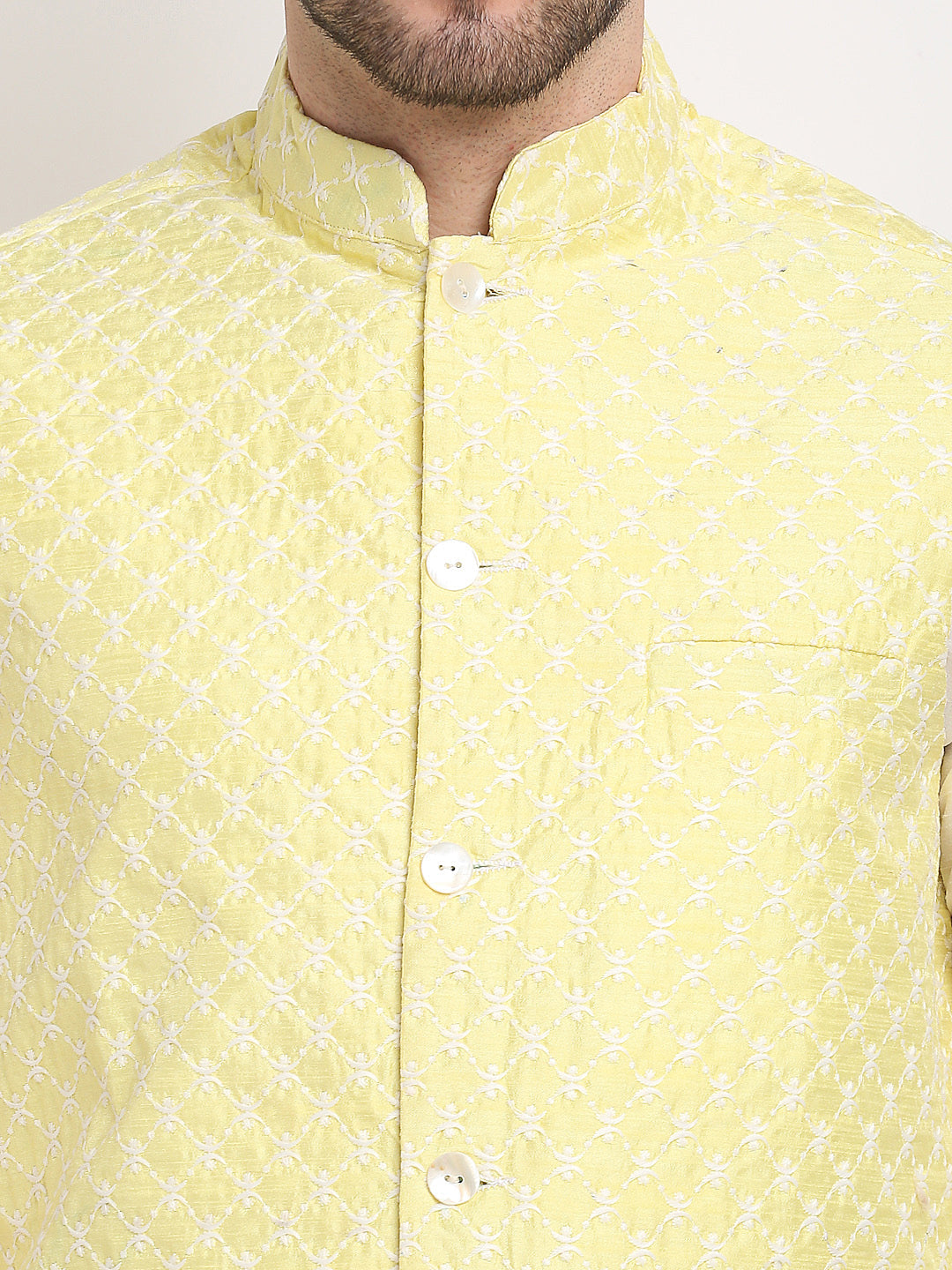 Jompers Men's Yellow Yellow and White Embroidered Nehru Jacket | Swadesiicart