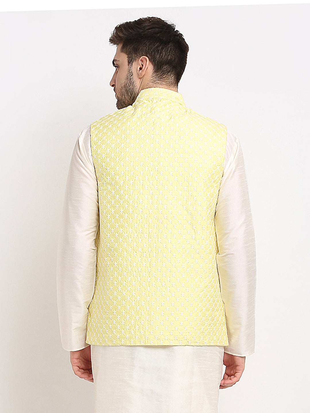 Jompers Men's Yellow Yellow and White Embroidered Nehru Jacket | Swadesiicart