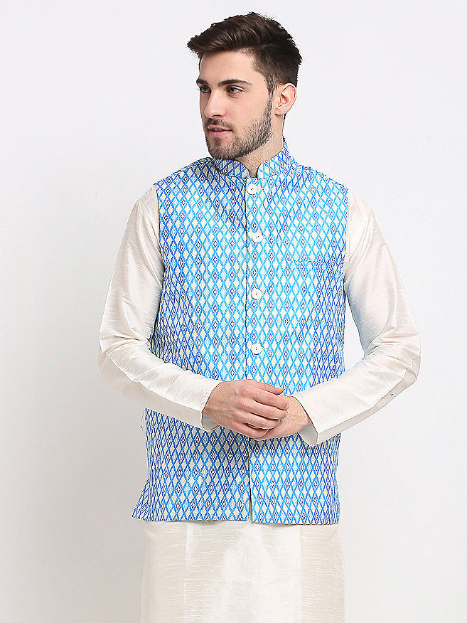 Jompers Men's Blue Ikat Printed Nehru Jacket | Swadesiicart