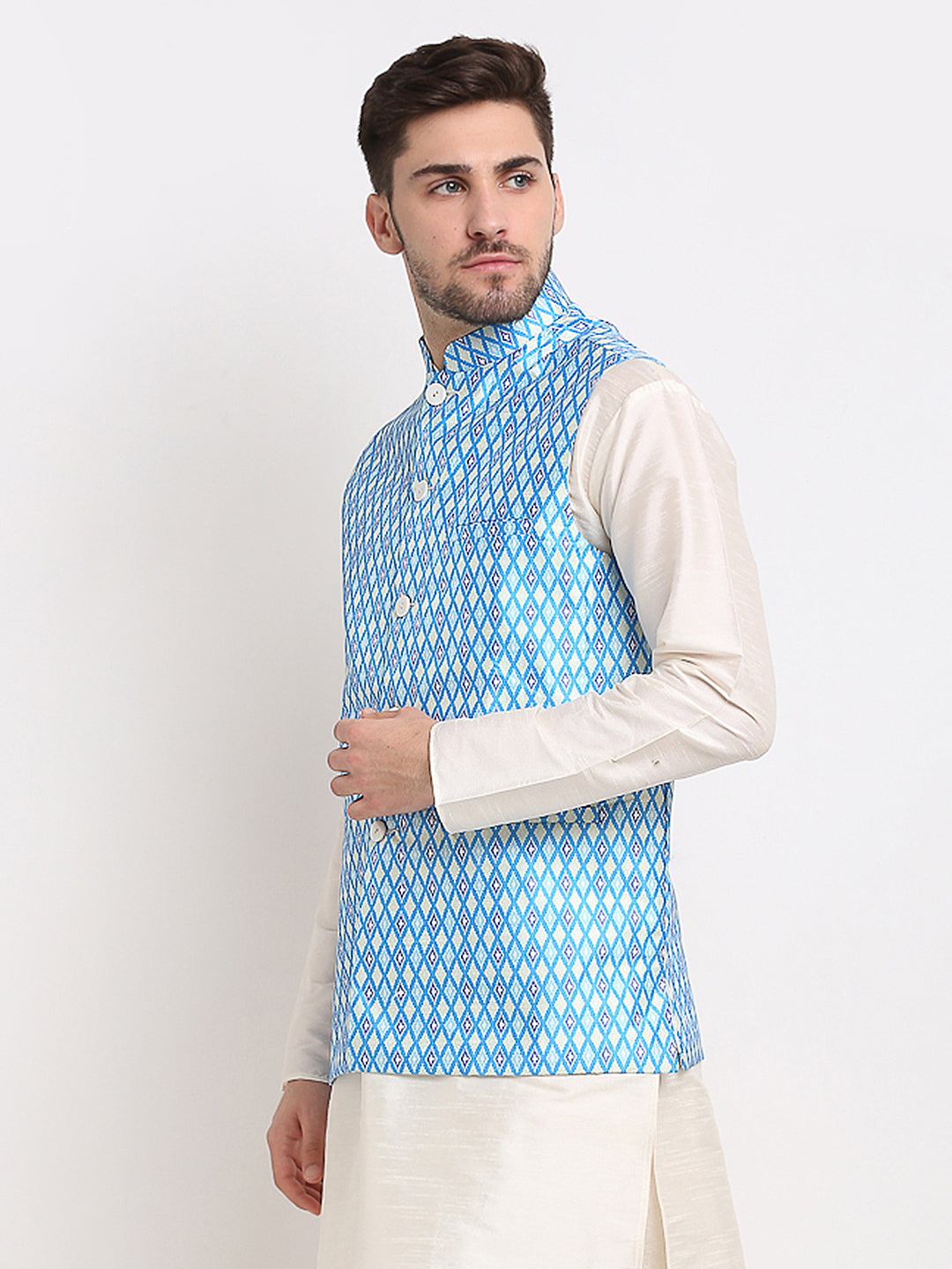 Jompers Men's Blue Ikat Printed Nehru Jacket | Swadesiicart