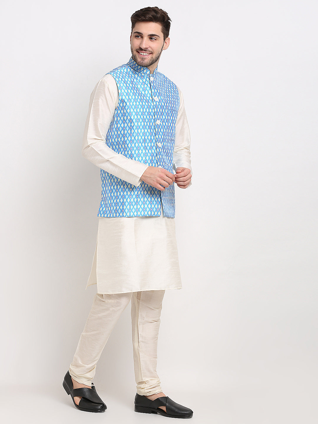 Jompers Men's Blue Ikat Printed Nehru Jacket | Swadesiicart