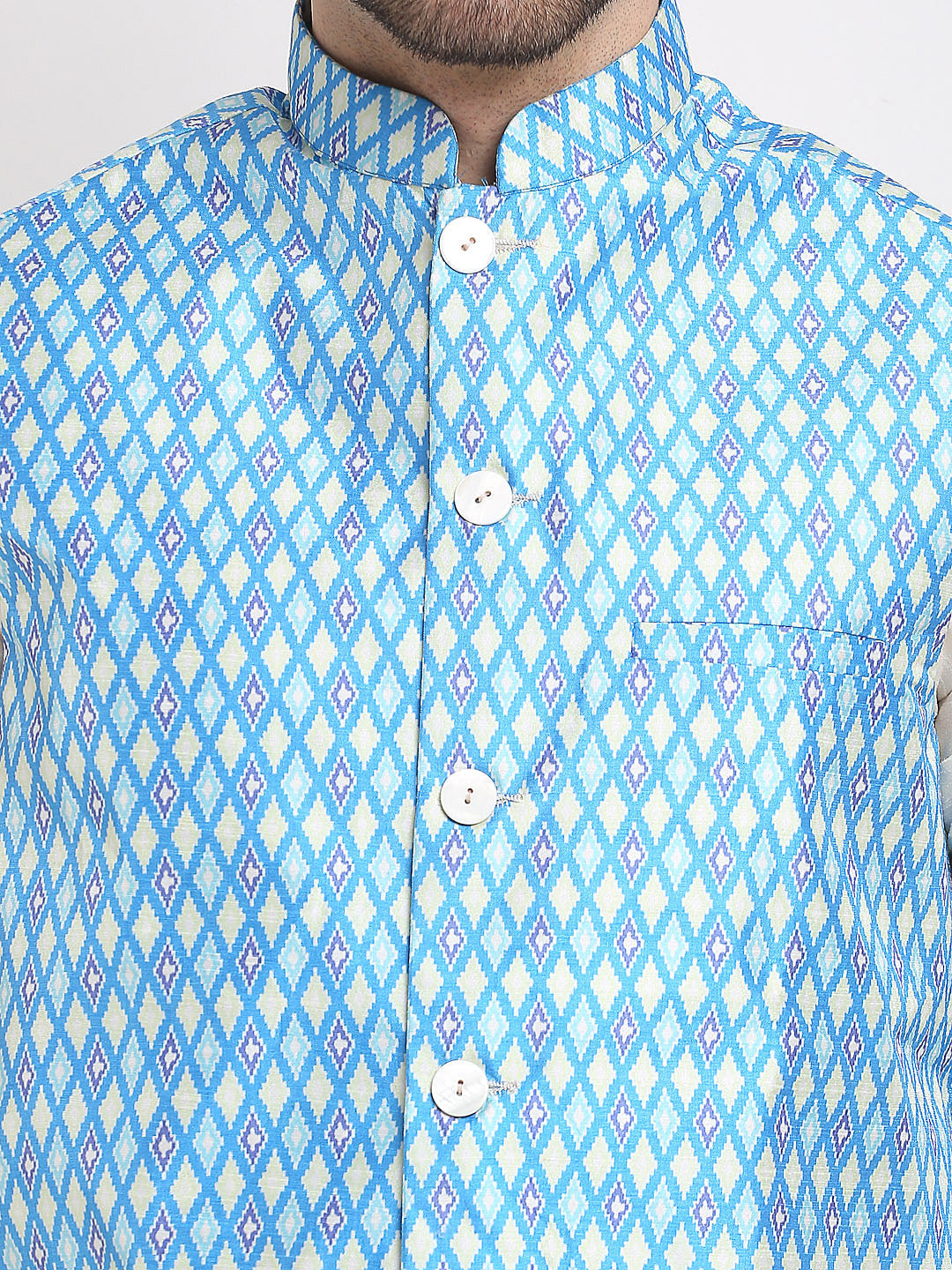 Jompers Men's Blue Ikat Printed Nehru Jacket | Swadesiicart