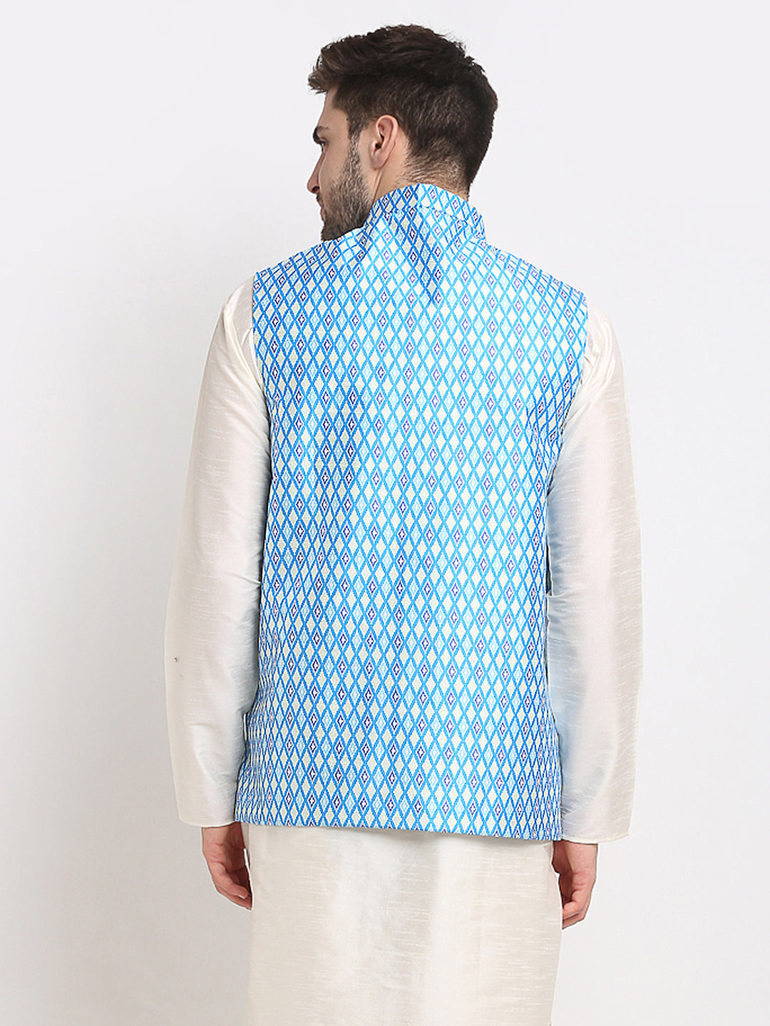 Jompers Men's Blue Ikat Printed Nehru Jacket | Swadesiicart