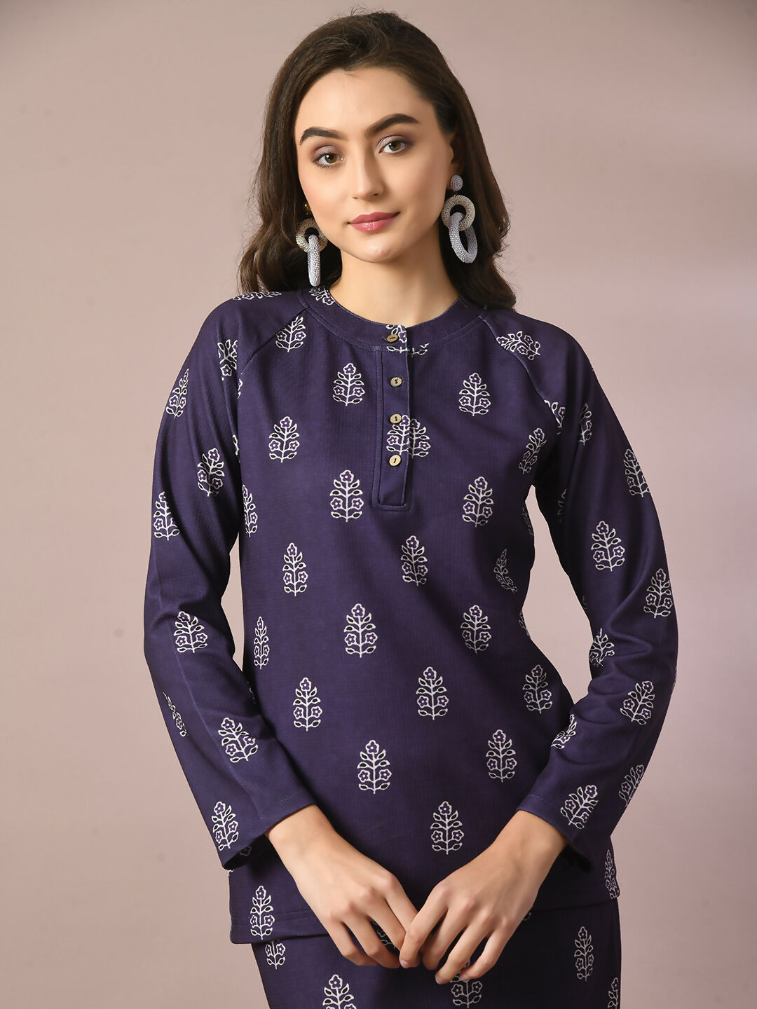 Myshka Women's Navy Blue Printed Round Neck Party Top With Skirt Co-ord set - Swadesiicart