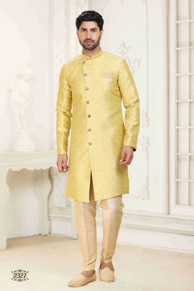 Raivat Ethnic Banarasi Jacquard Embroidery Semi Indo Western Sherwani In Cream Gold Colour | Swadesiicart