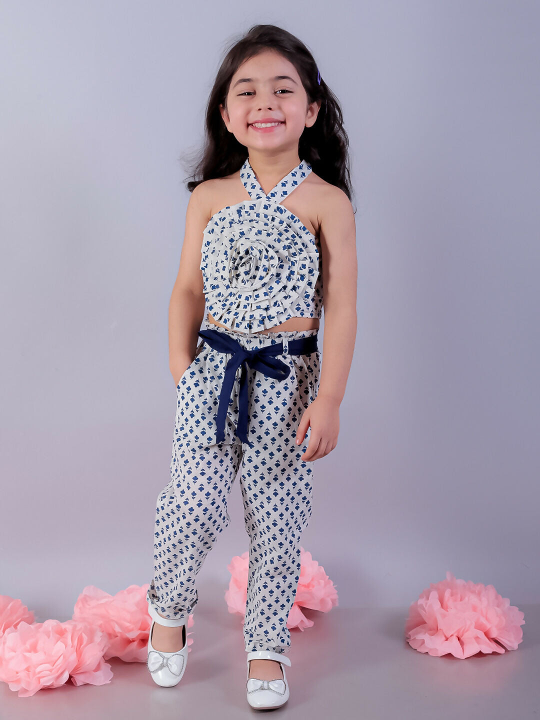 Lil Drama Jaipur Girls White Printed Top with Printed Pant Co-ordinate Set - Swadesiicart